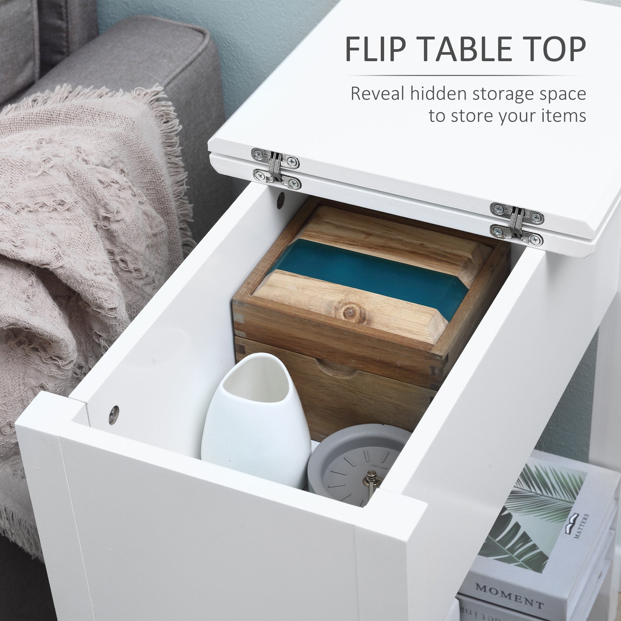 HOMCOM Flip-Top End Table: White with Storage Shelf & Cable Management for Bedrooms & Living Rooms