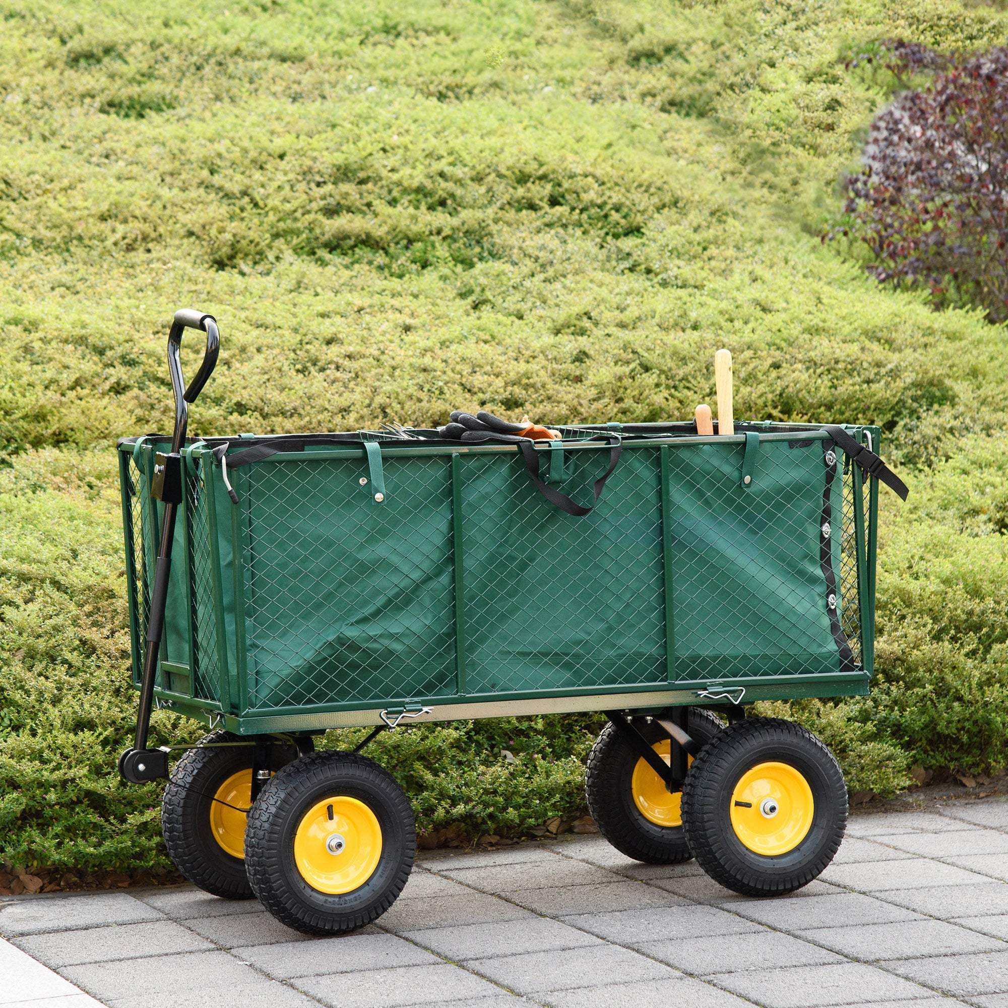 Outsunny 342L Utility Wagon Cart with Removable Mesh Sides to Convert into Flatbed for Beach Lawn Yard