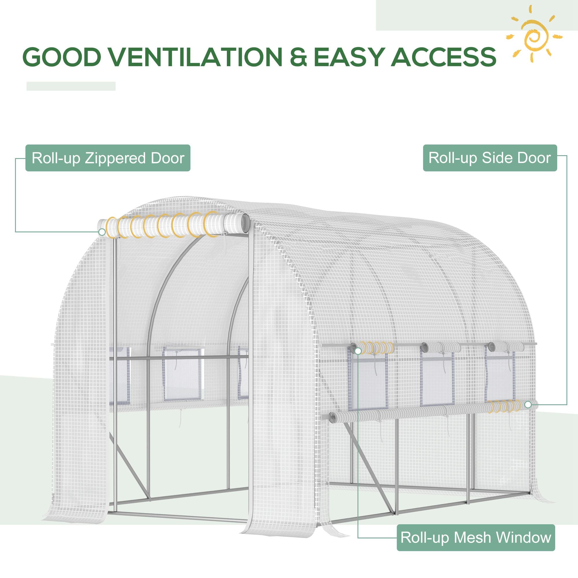 Outsunny 10'x6.6'x6.6' Walk-In Tunnel Greenhouse PE Cover Zipper Doors Roll-Up Side Cover Mesh Windows White