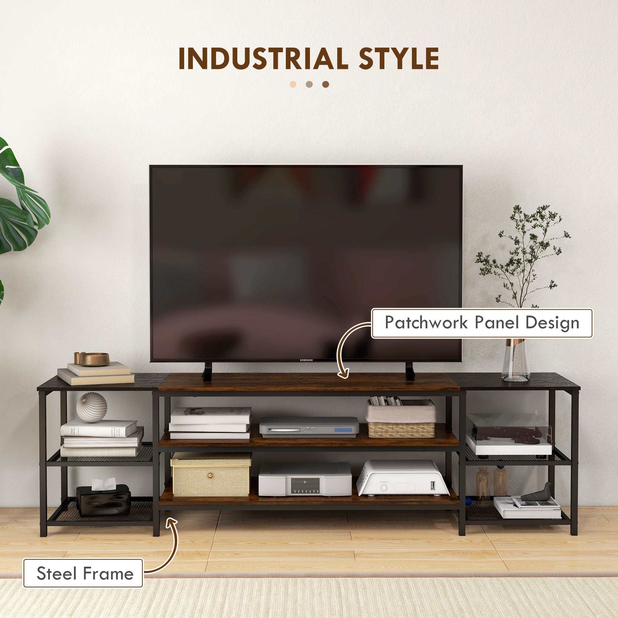 HOMCOM TV Stand: For 80" Screens, Industrial Design, Storage Shelf, Steel Frame, Living Room