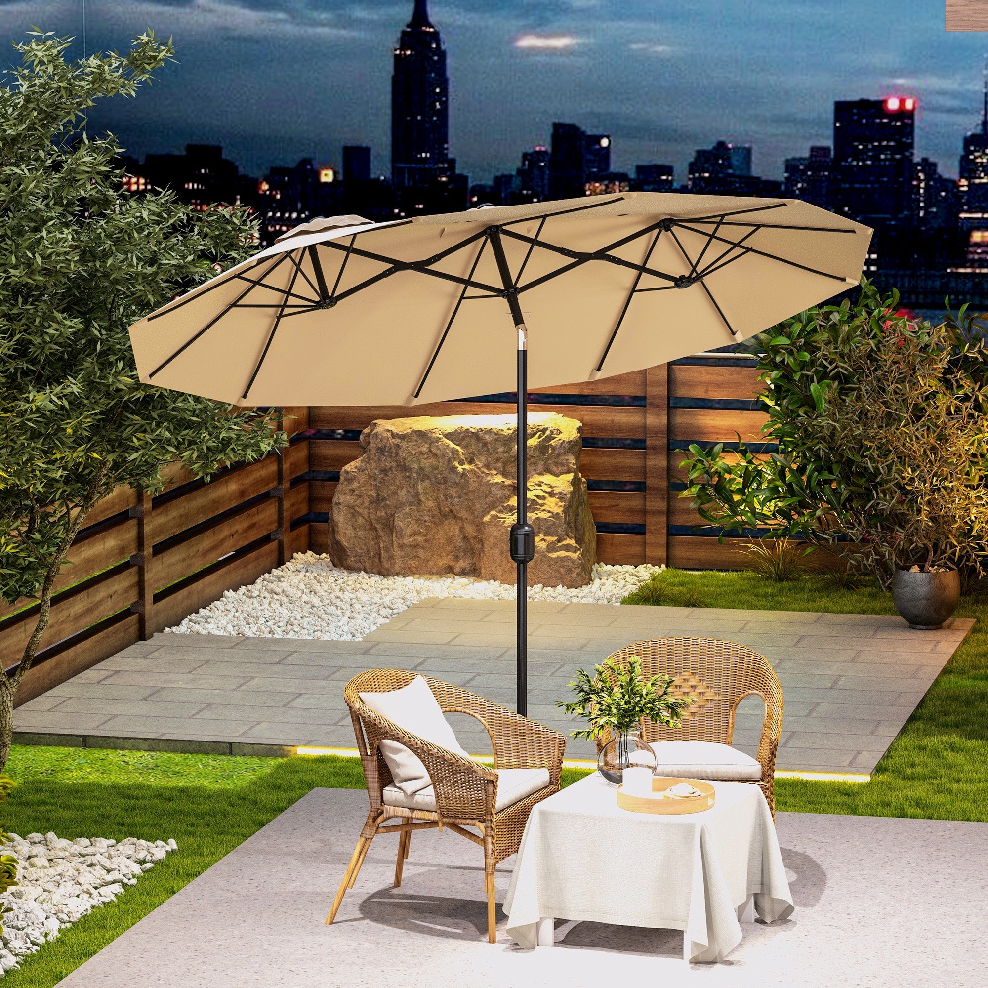 Outsunny 9.5' Double-sided Outdoor Patio Umbrella with Tilt, Crank and Vents, Brown
