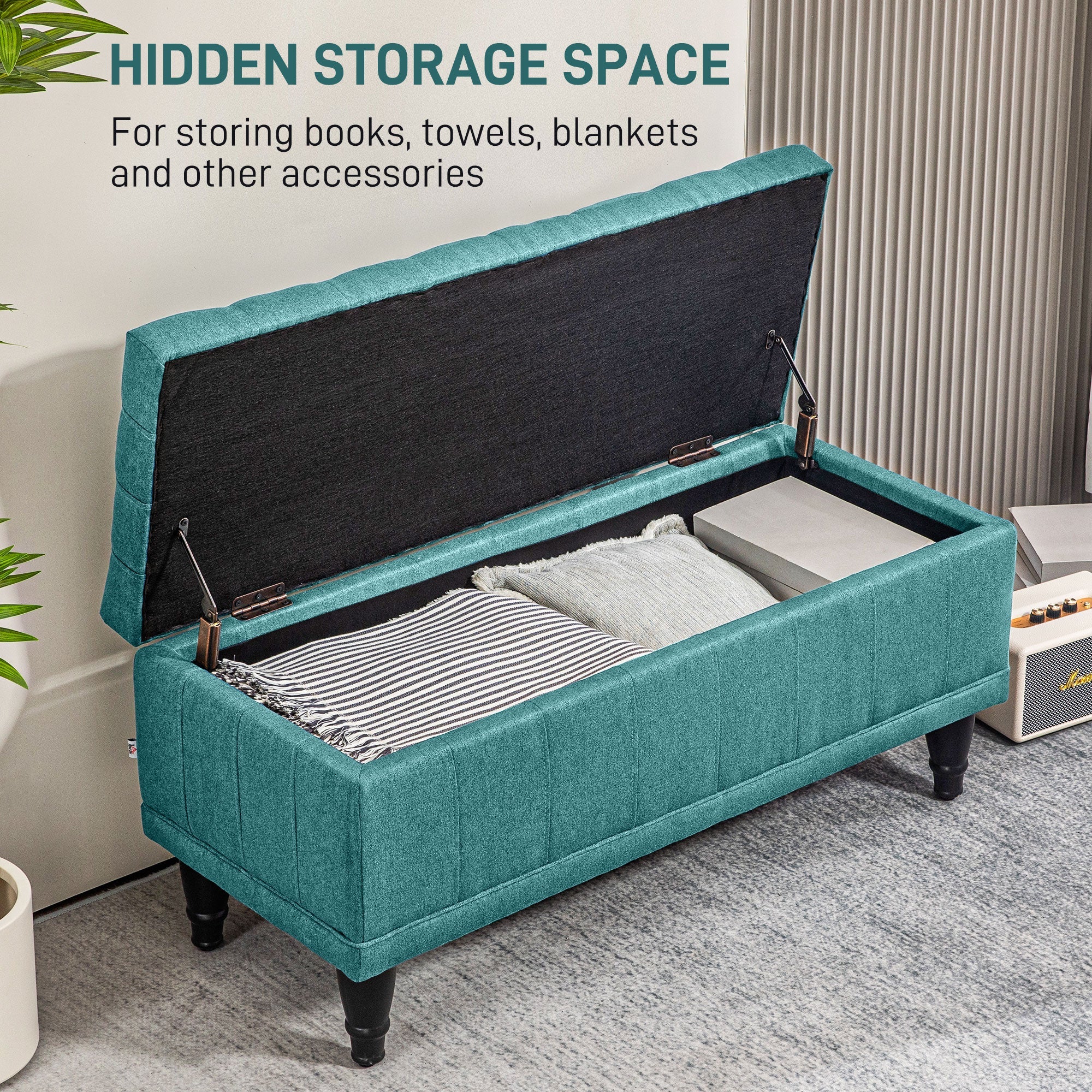 HOMCOM Storage Ottoman Linen Fabric End of Bed Bench with Button Tufted Storage for Bedroom Green