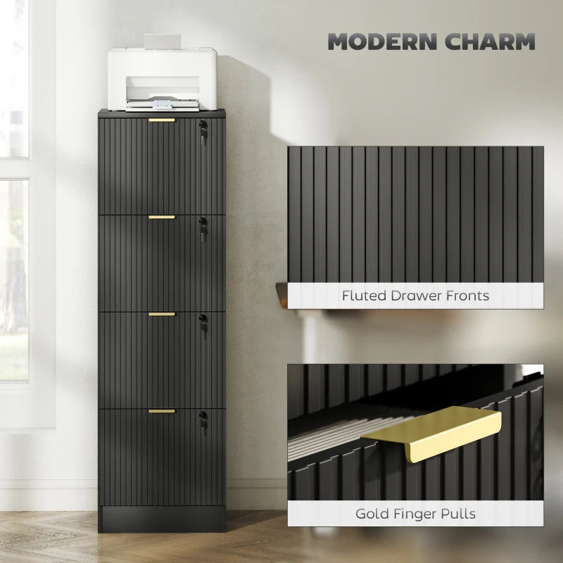 Lockable Filing Cabinet with 4 Fluted Drawers, File Cabinet with Adjustable Hanging Rails for A4 Letter Files, Black
