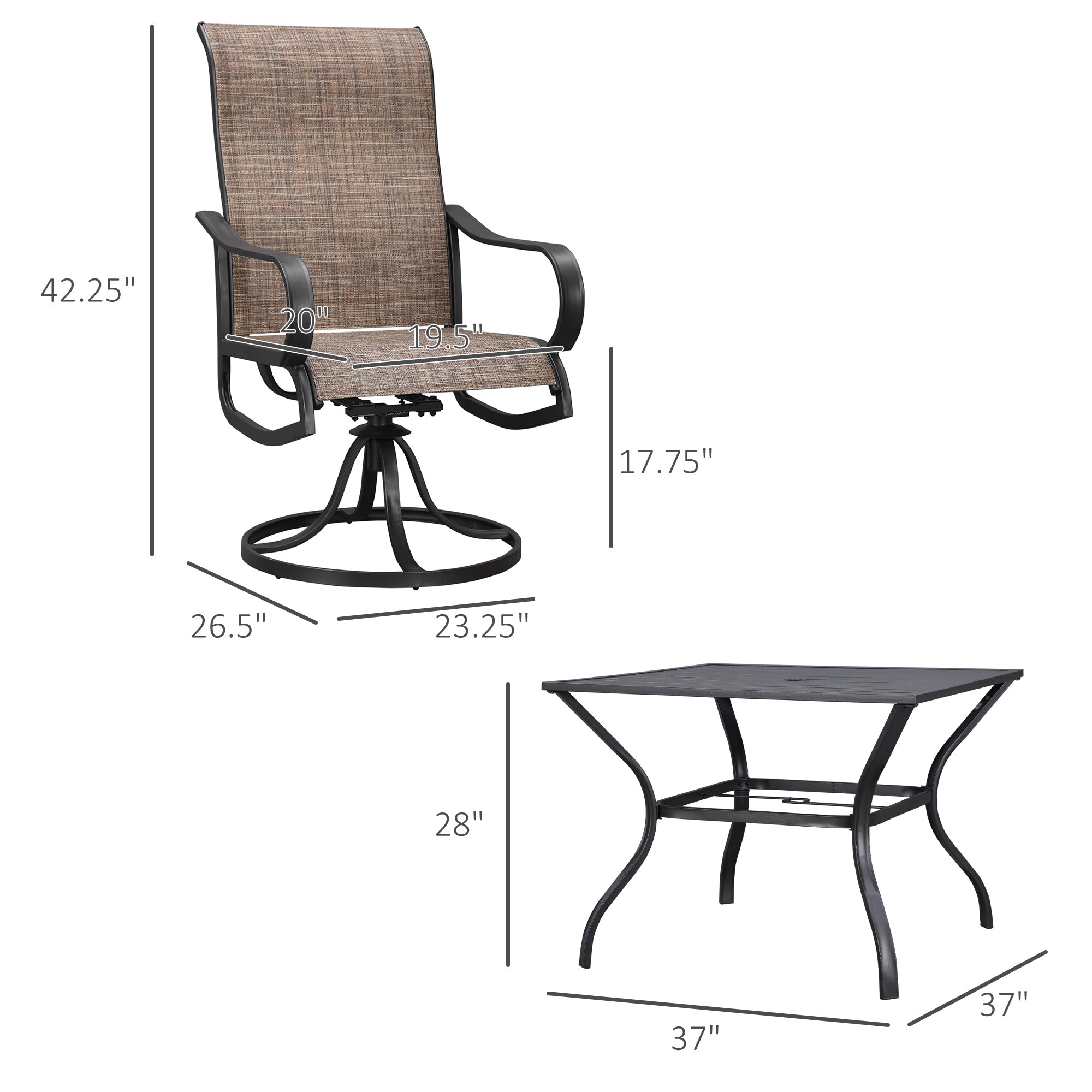 Outsunny Outdoor Dining Set 5-Piece with 4 Swivel Rocker Chairs and 37"x37" Table Brown Patio Furniture with Umbrella Hole
