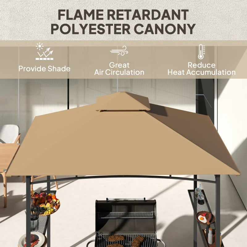 8' x 5' BBQ Grill Gazebo Tent with Double Tiered Canopy for Outdoor Sun Shade, Khaki