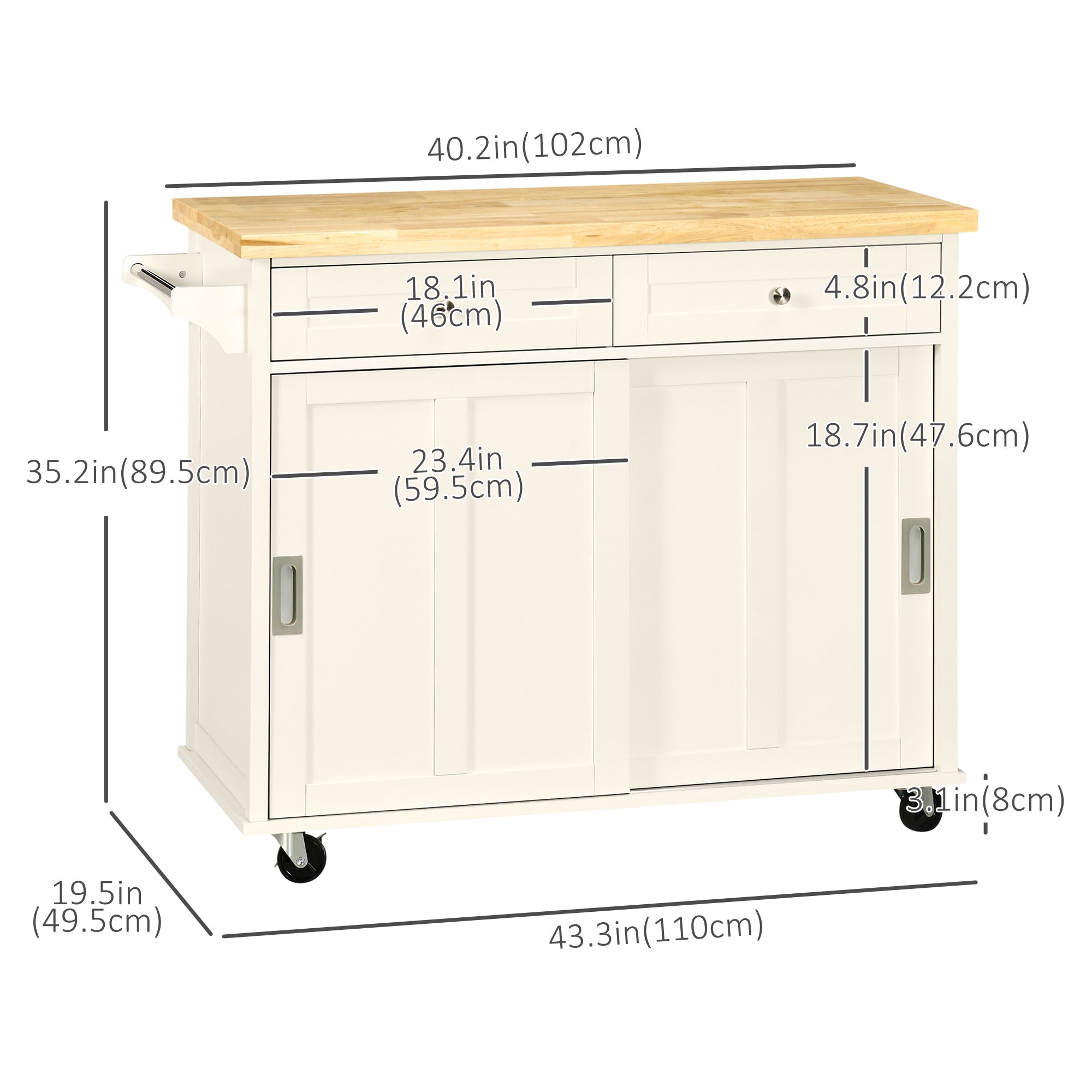 HOMCOM Kitchen Cart on Wheels Rubberwood Top 2 Drawers Towel Rack Cream White Versatile Furniture Storage Rolling Island