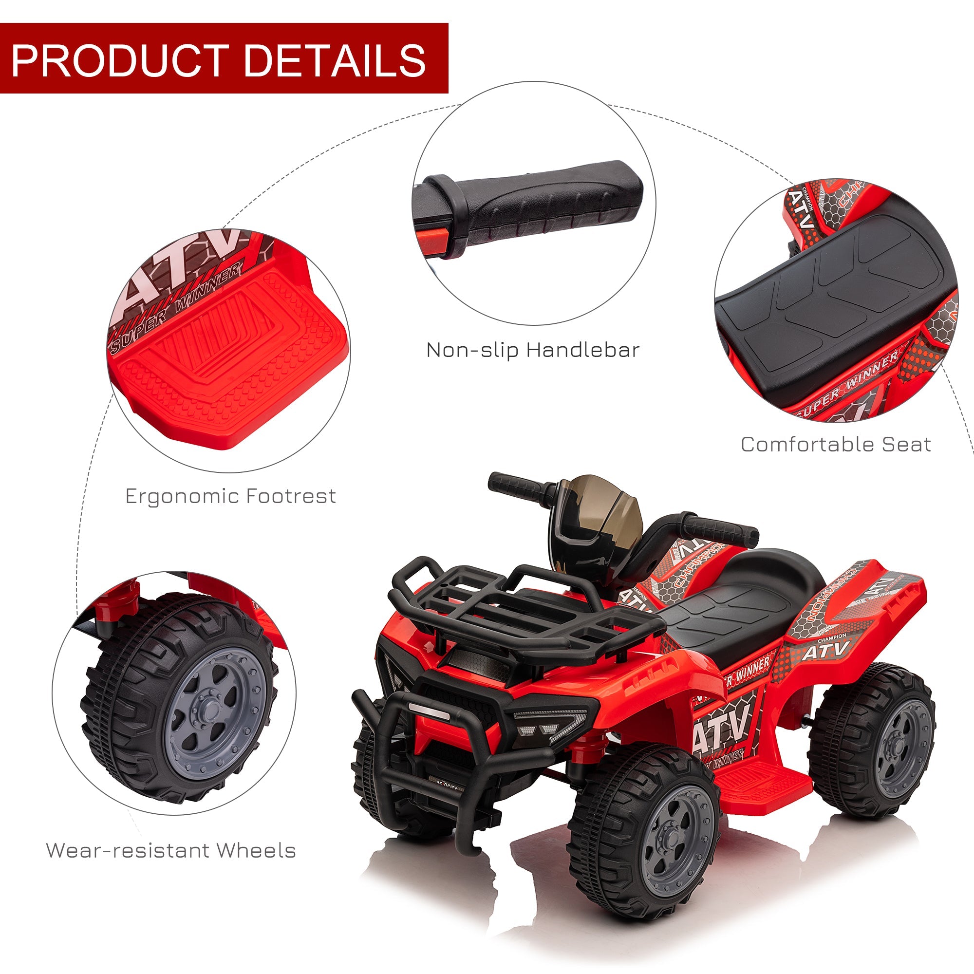 Aosom Ride-On ATV: 6V Battery Powered, Quad Bike, Headlights, For 18-36 Months, Red, Toddler Ride-On