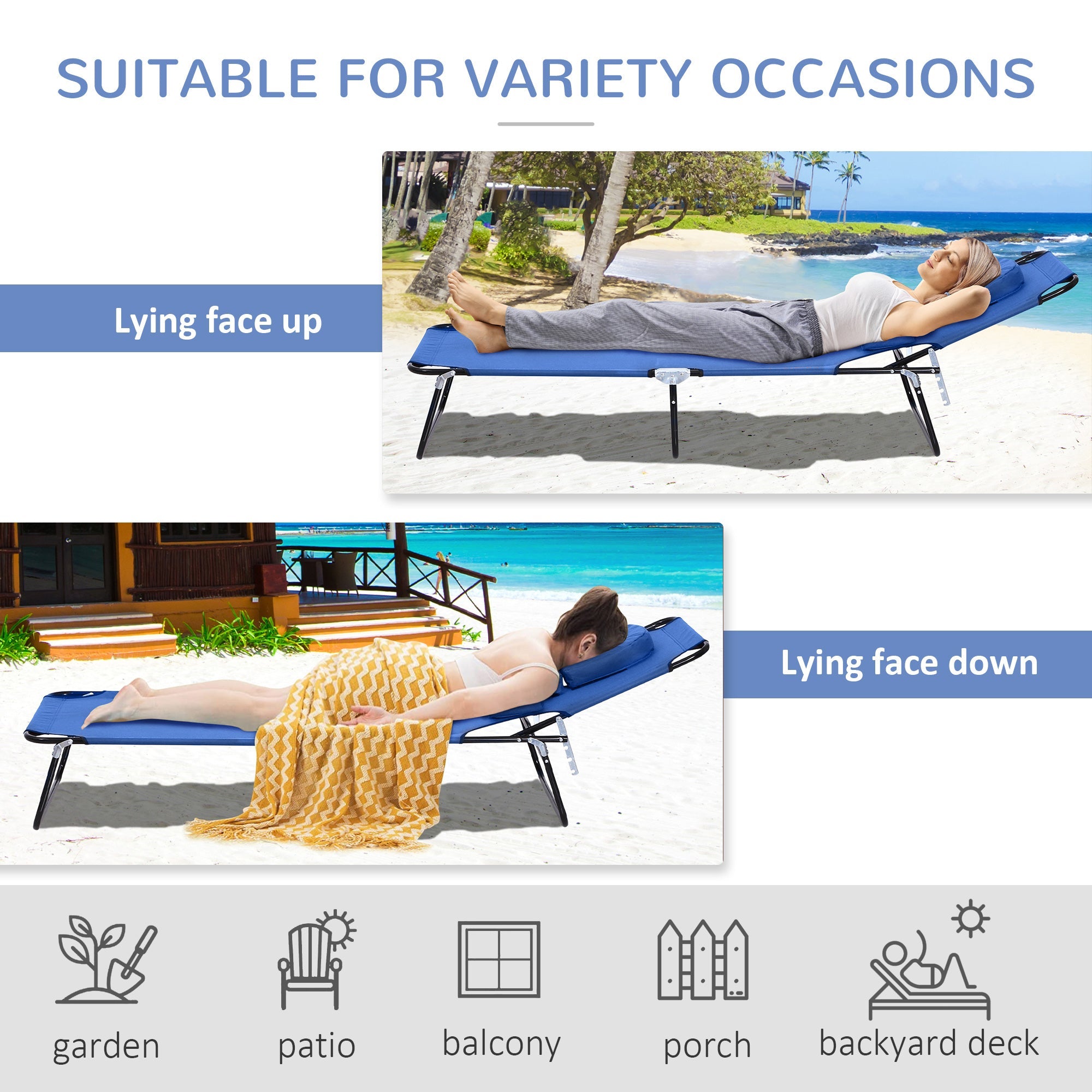 Outsunny Adjustable Garden Sun Lounger w/ Reading Hole Outdoor Reclining Seat Folding Camping Beach Lounging Bed Blue