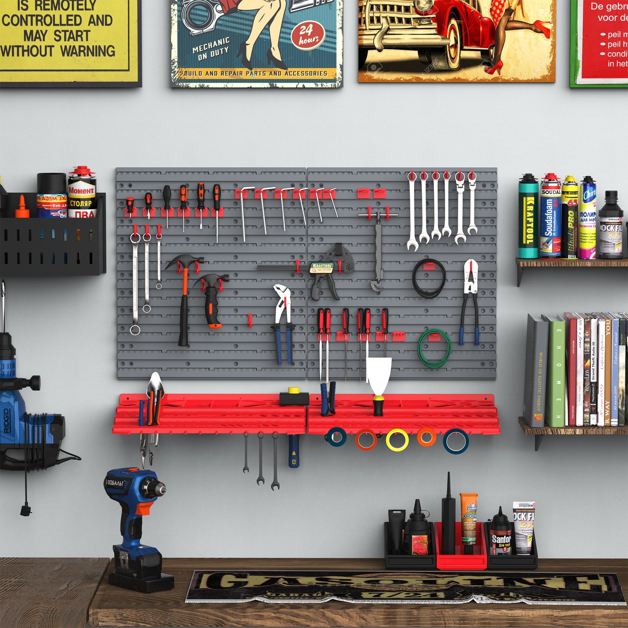 DURHAND Pegboard Tool Organizer: 54-Piece Wall-Mount System with 50 Hooks & Shelves for Garage Storage