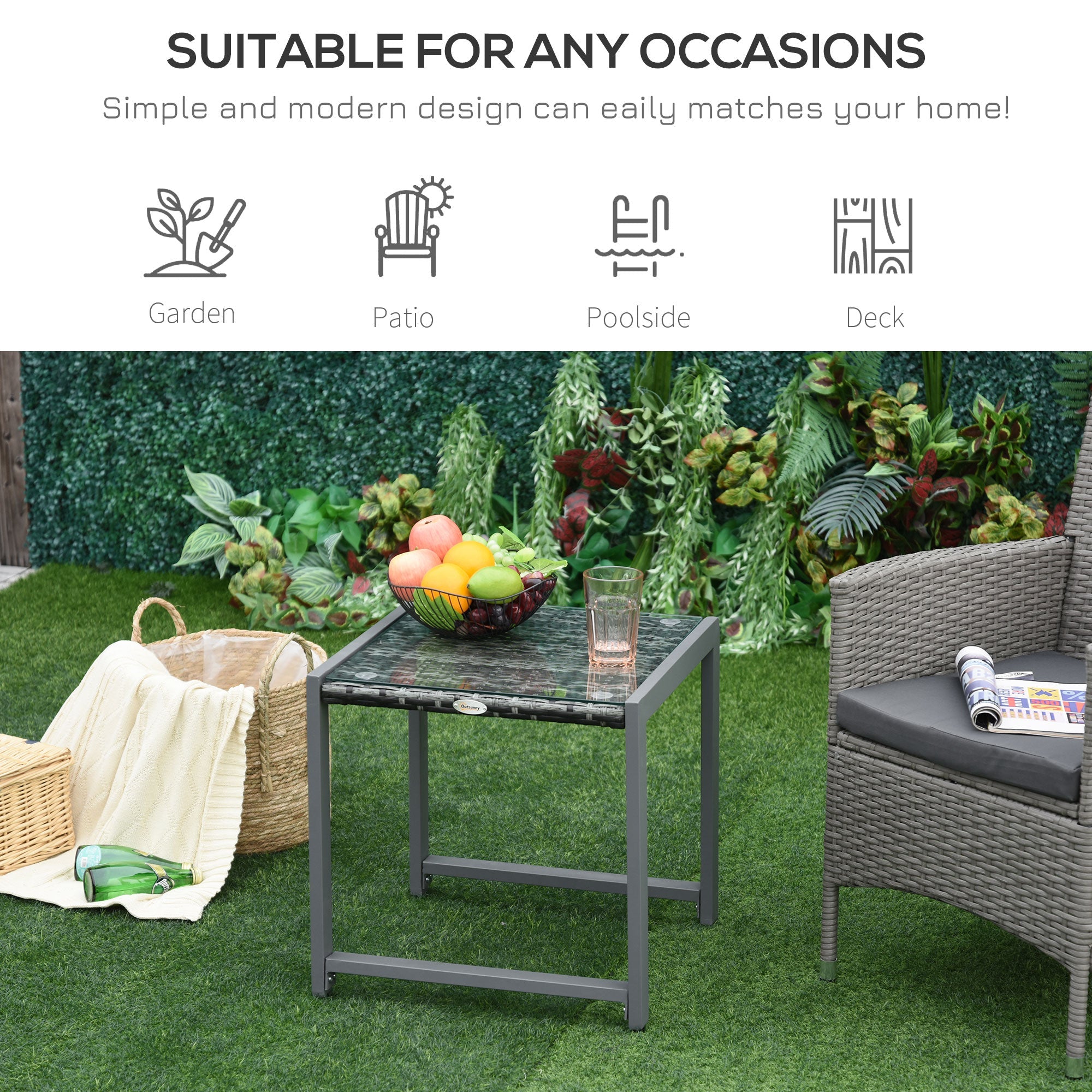 Outsunny Patio Rattan Coffee Table Wicker Side Table with Tempered Glass Top Aluminum Frame Outdoor Garden Gray