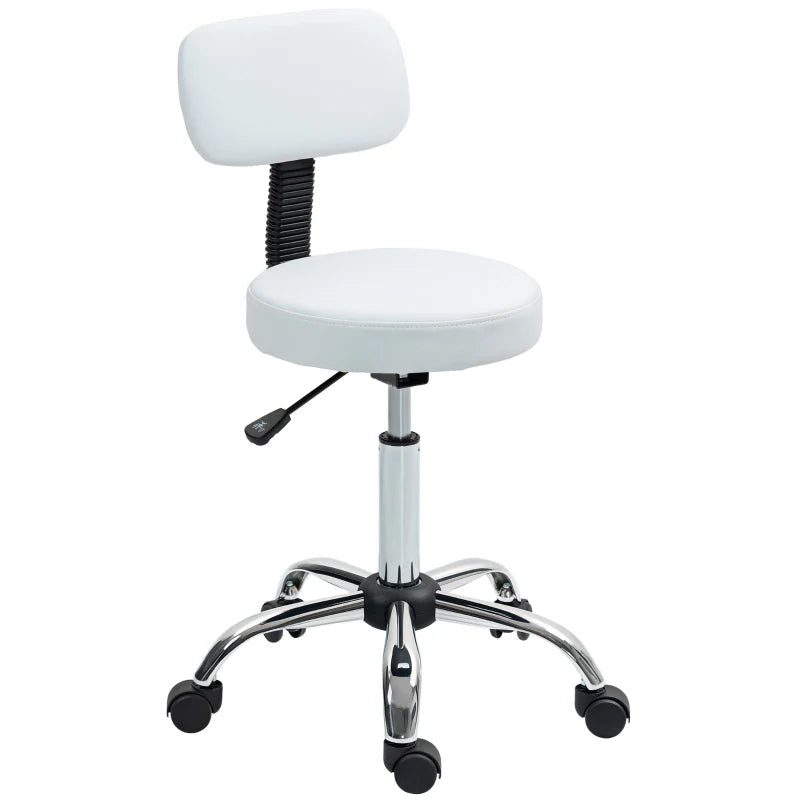 Adjustable Rolling Stool with Removable Backrest, Faux Leather Swivel Stool Chair for Salon Spa, Bar, Massage, White