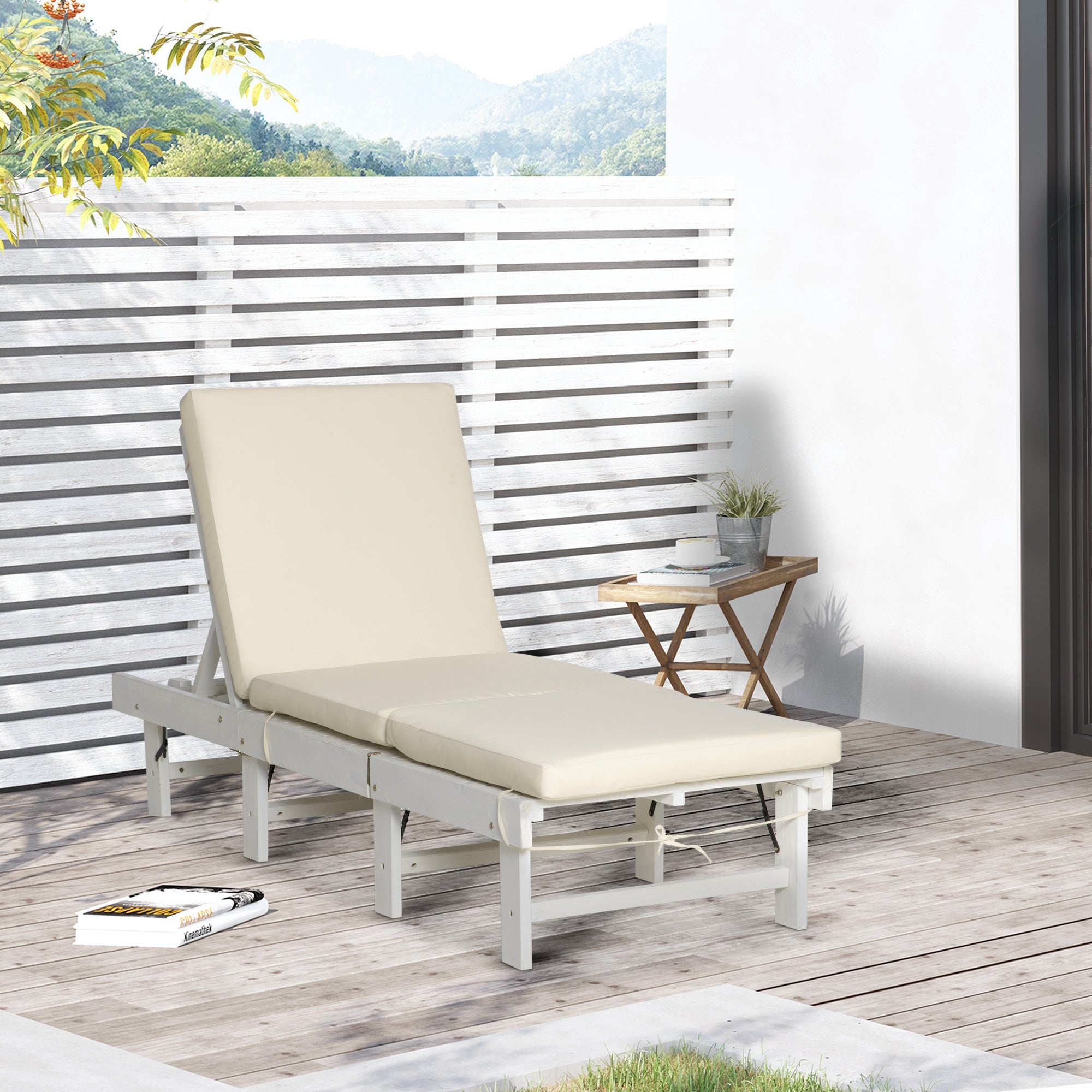 Outsunny Sun Lounger Foldable Wooden Outdoor Garden Chair with 4-Position Adjustable Back and Soft Cushion White