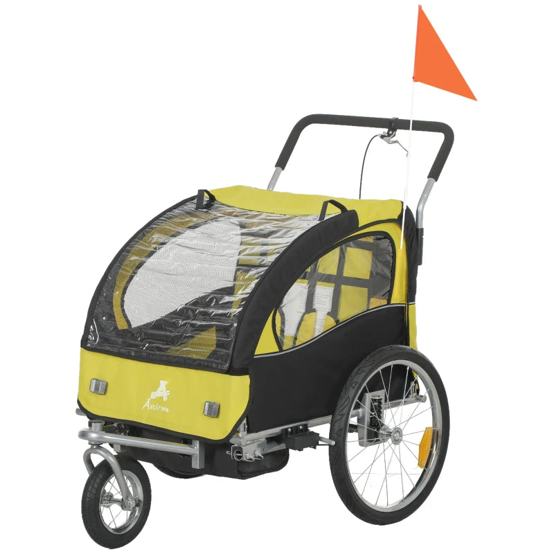Aosom 2-in-1 Bike Trailer for Kids, Foldable 2-Seat Baby Stroller with 5-Point Harness, Rubber Wheels, Storage Bag, Yellow