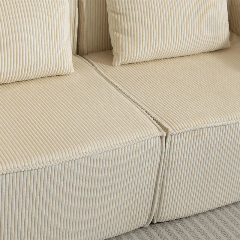 Boneless Couch, Corduroy 3 Seater Sofa with Deep Seat, Wide Armrests, 2 Pillows, Quick Assembly for Living Room, Beige