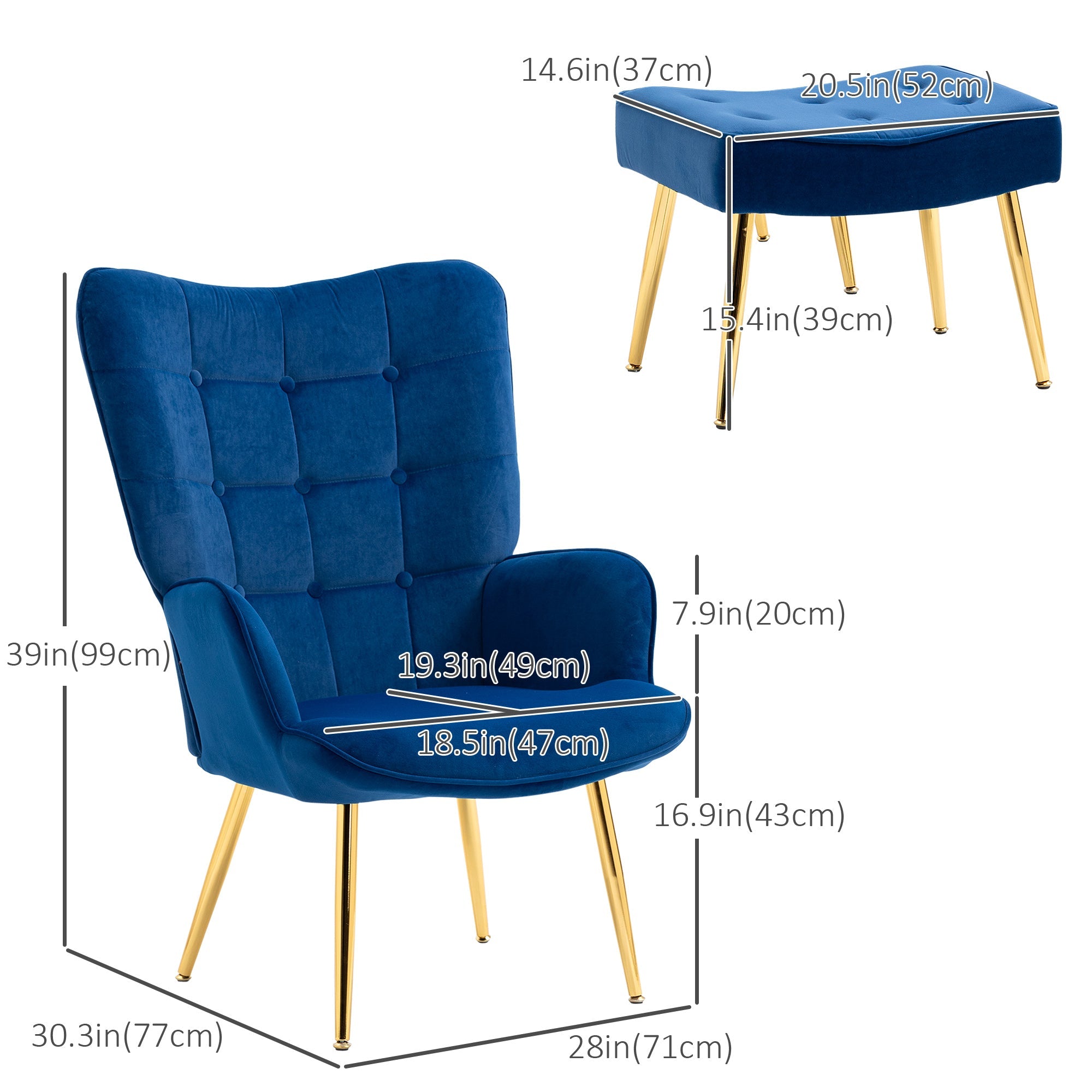 HOMCOM Chic Seating Ensemble: Dark Blue Upholstered Armchair with Ottoman, Gold Metal Legs for Bedroom, Living Room