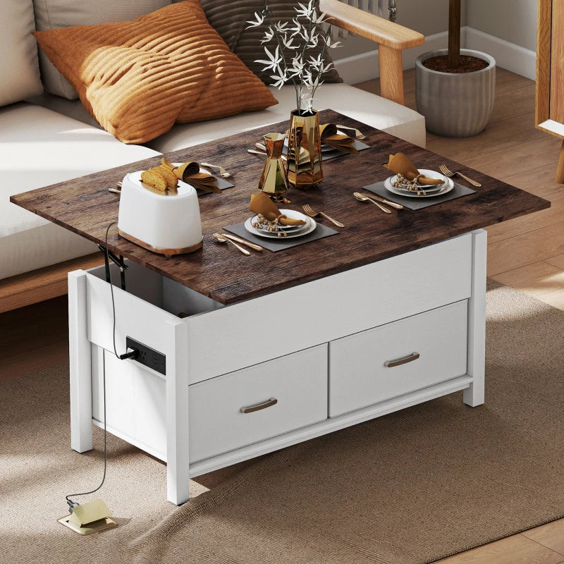 Lift Top Coffee Table, Center Table with 3 Hidden Compartments, 2 Fabric Drawers, Expandable Top and Charging Station