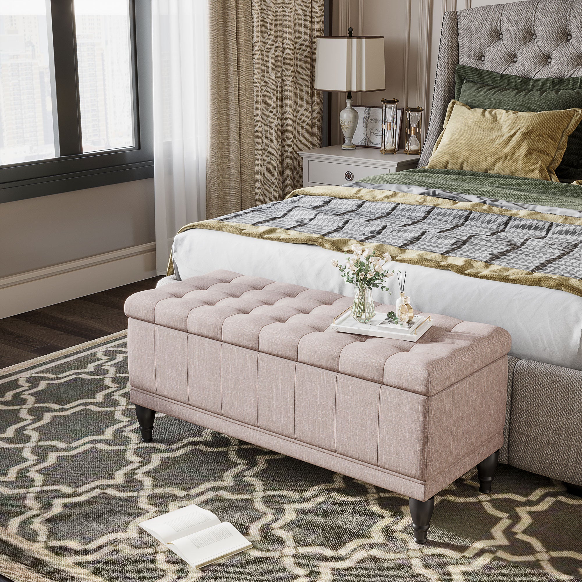 HOMCOM Linen Storage Ottoman: Button-Tufted Design, Soft-Close Lid for Living Spaces, Beige