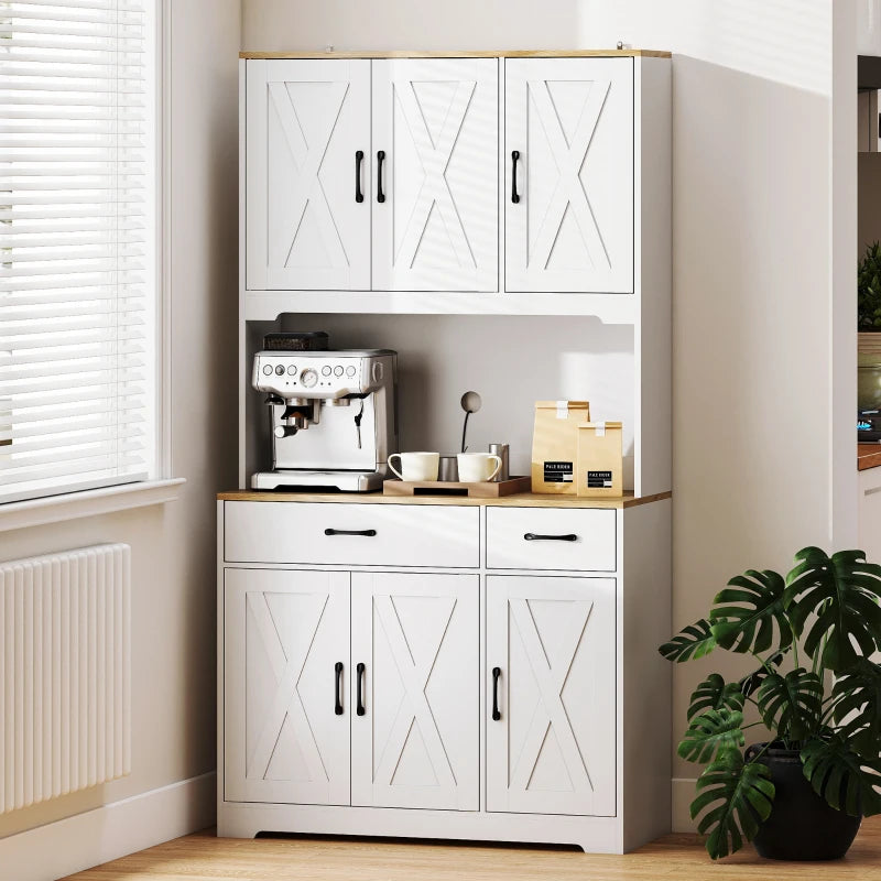 Tall Kitchen Pantry, 6 Doors, 2 Drawers, Adjustable Shelves & Worktop, Rustic Storage Cabinet for Living Room White