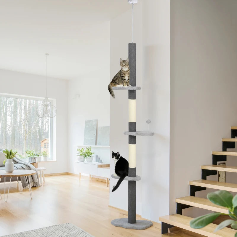 88.5"-100.5" Floor to Ceiling Cat Tree, Cat Tower with Scratching Posts, Cloud Shaped Platforms, Dangling Balls, Grey