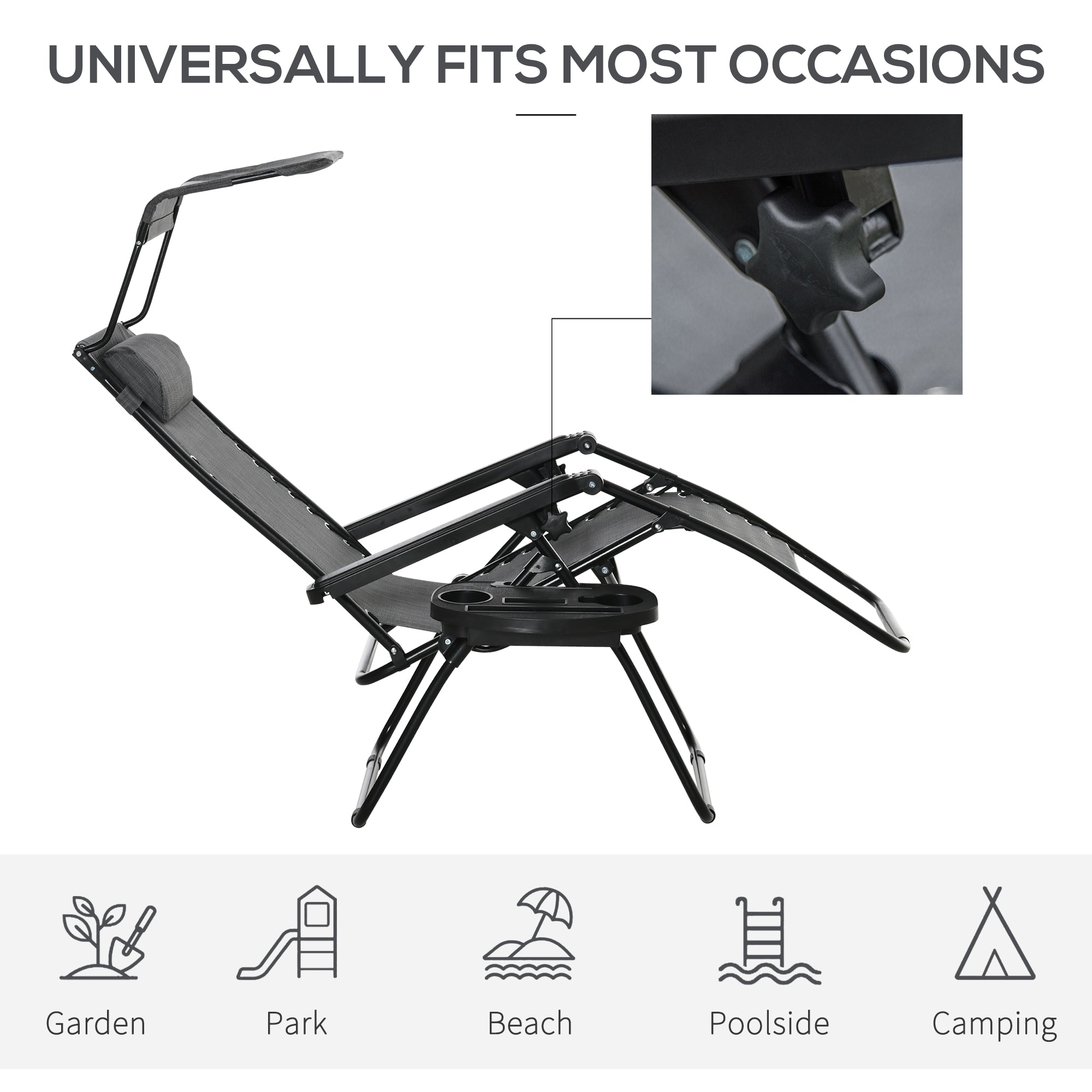 Outsunny Outdoor Zero Gravity Reclining Lounger Chair with Canopy Shade, Side Tray, Cupholder, Light Grey