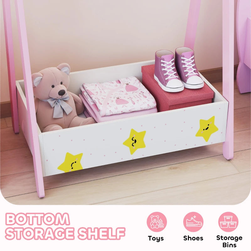 Qaba Kids Clothing Rack with Storage Shelf, Hangers, for Nursery Room, Living Room, Playroom, Pink