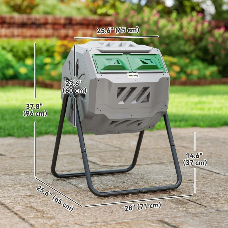 Tumbling Compost Bin Outdoor Dual Chamber 360° Rotating Composter 43 Gallon with Sliding Doors, Dark Green