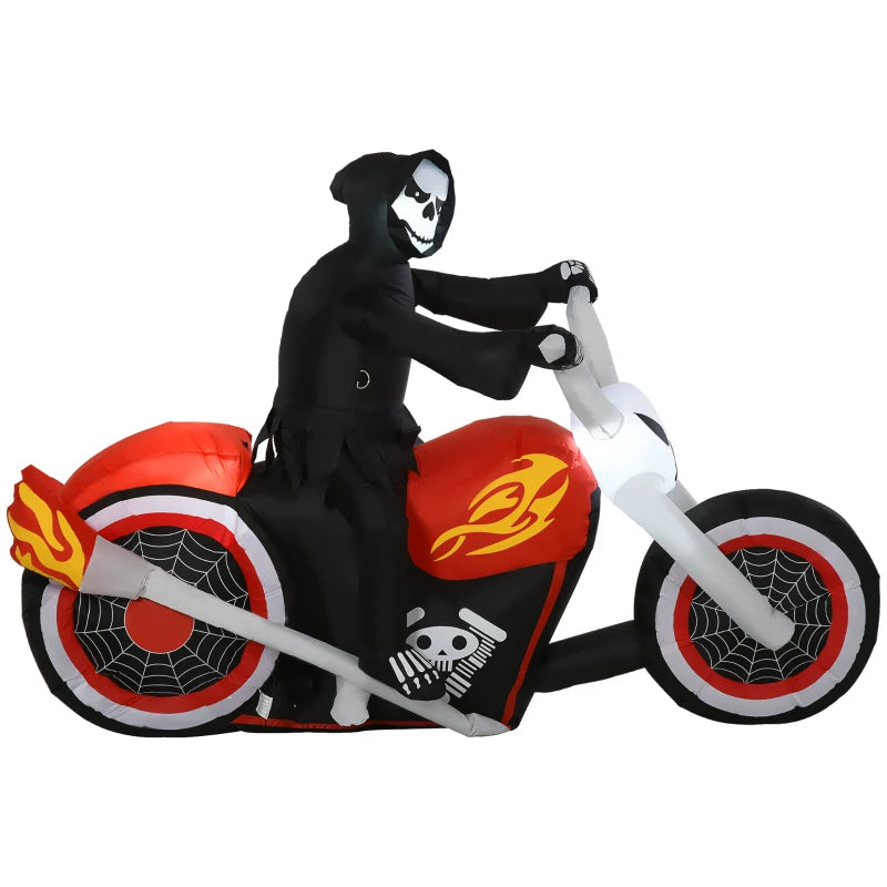 HOMCOM 6ft Inflatable Grim Reaper on Flaming Motorcycle – LED Lighted Halloween Outdoor Decoration