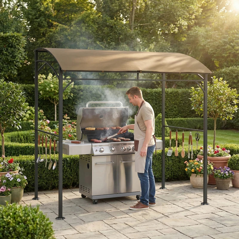7' x 5' Garden Grill Canopy, BBQ Grill Gazebo Tent with Steel Frame and Hooks, Outdoor Sun Shade, Dark Coffee