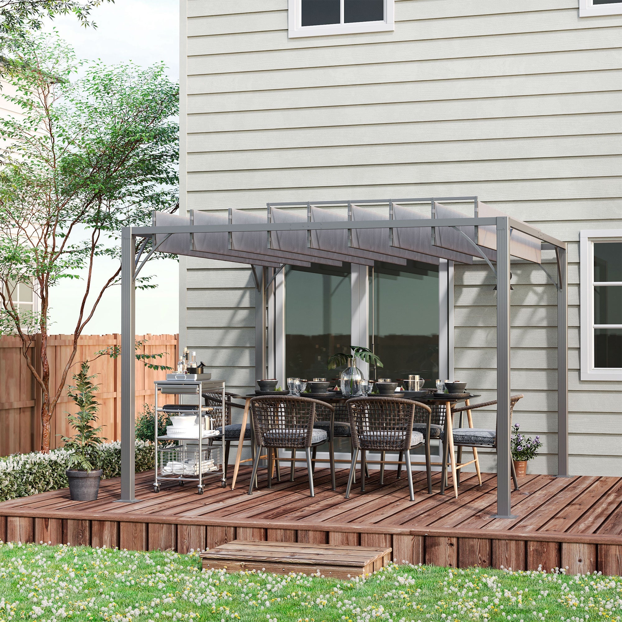 Outsunny Outdoor Aluminium Pergola 9.5' x 9.7' with Retractable Roof Louvered Canopy Gazebo Grey