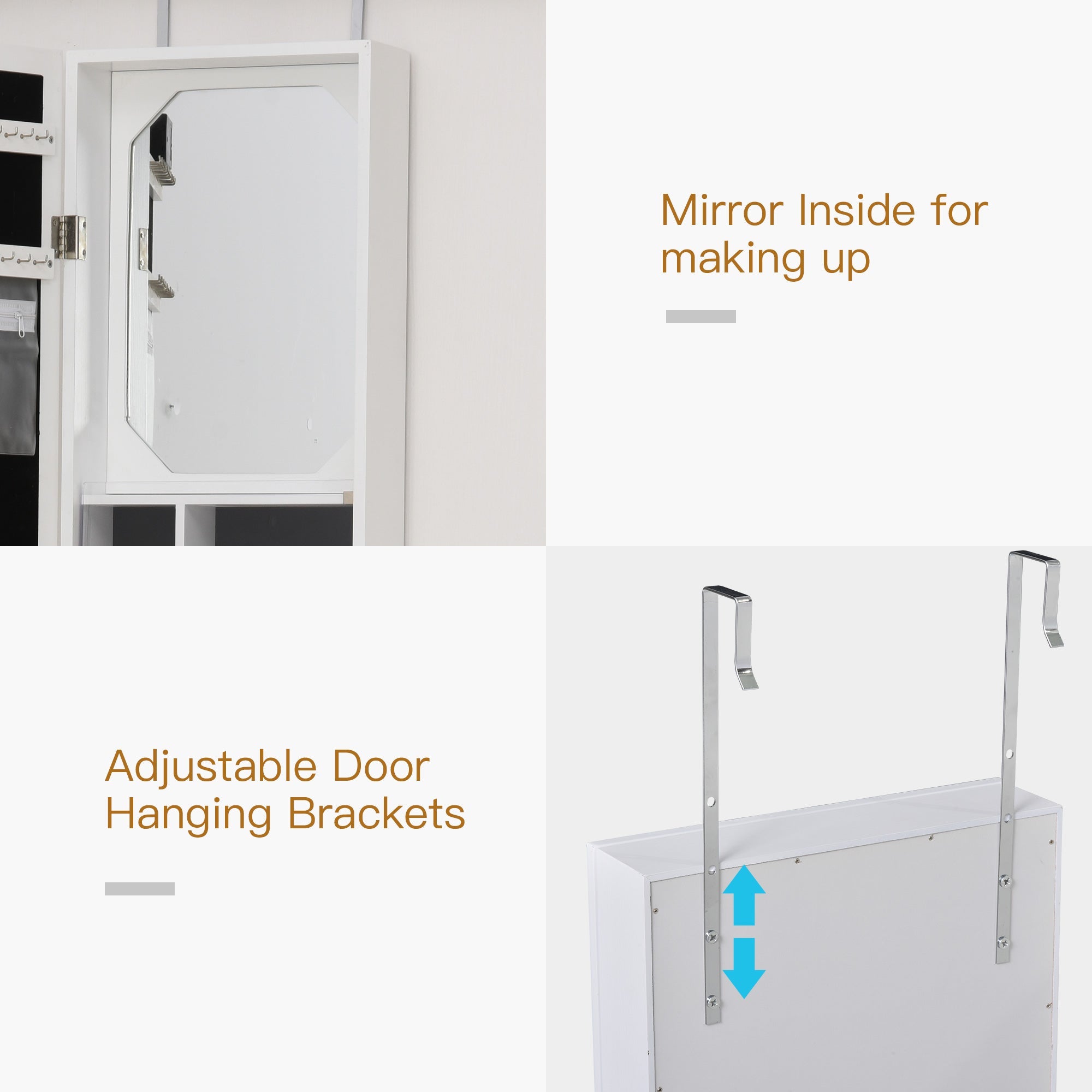 HOMCOM Wall-Mounted Jewelry Armoire: With LED Lights, Over-The-Door Mirror Storage Shelves