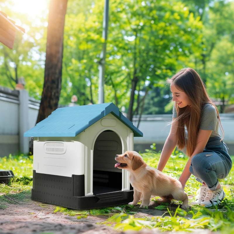 Outside Dog Kennel House with Windows, Base Support, for Garden Patio, Miniature Dogs, 64.5 x 57 x 66cm, Blue