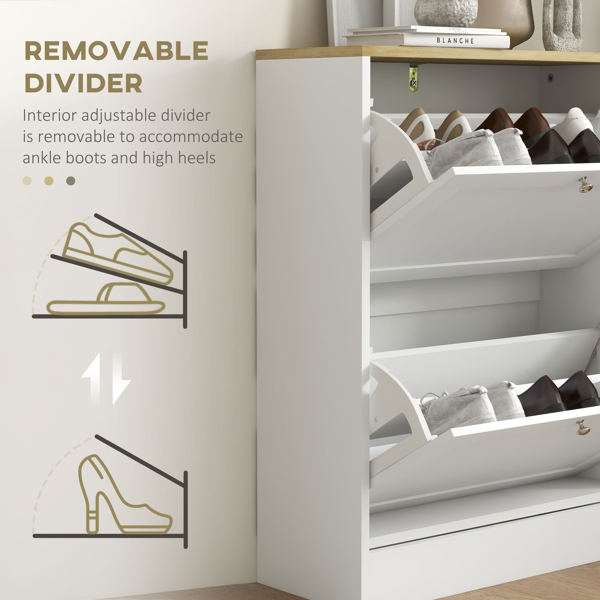 HOMCOM Slim Shoe Storage Cabinet, Modern Shoe Cabinet with 2 Flip Drawers and Adjustable Shelves for 12 Pairs, White