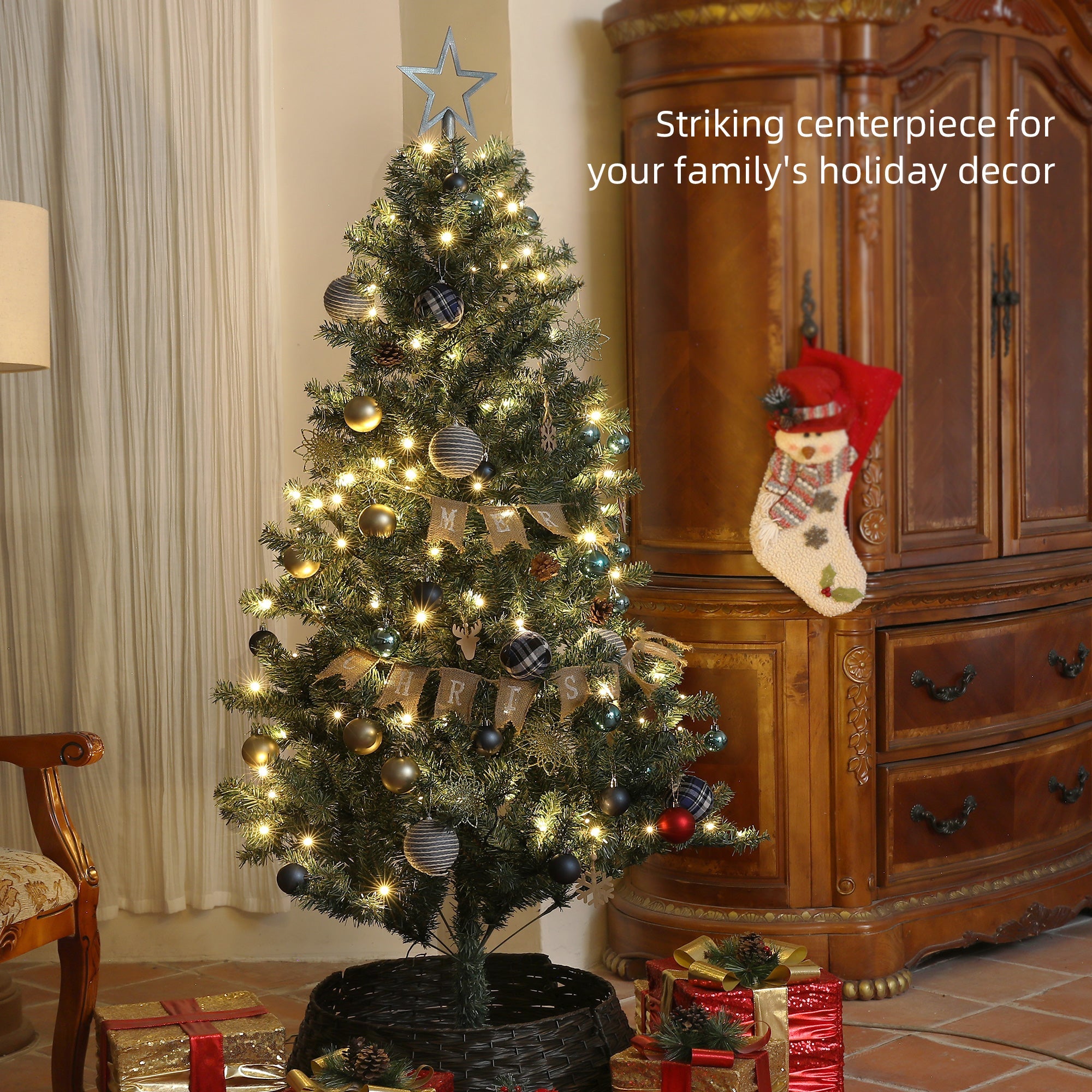 HOMCOM 6ft Artificial Prelit Christmas Tree with 150 Warm White LED Lights, Pre Decorated Xmas Tree for Home Office Holiday