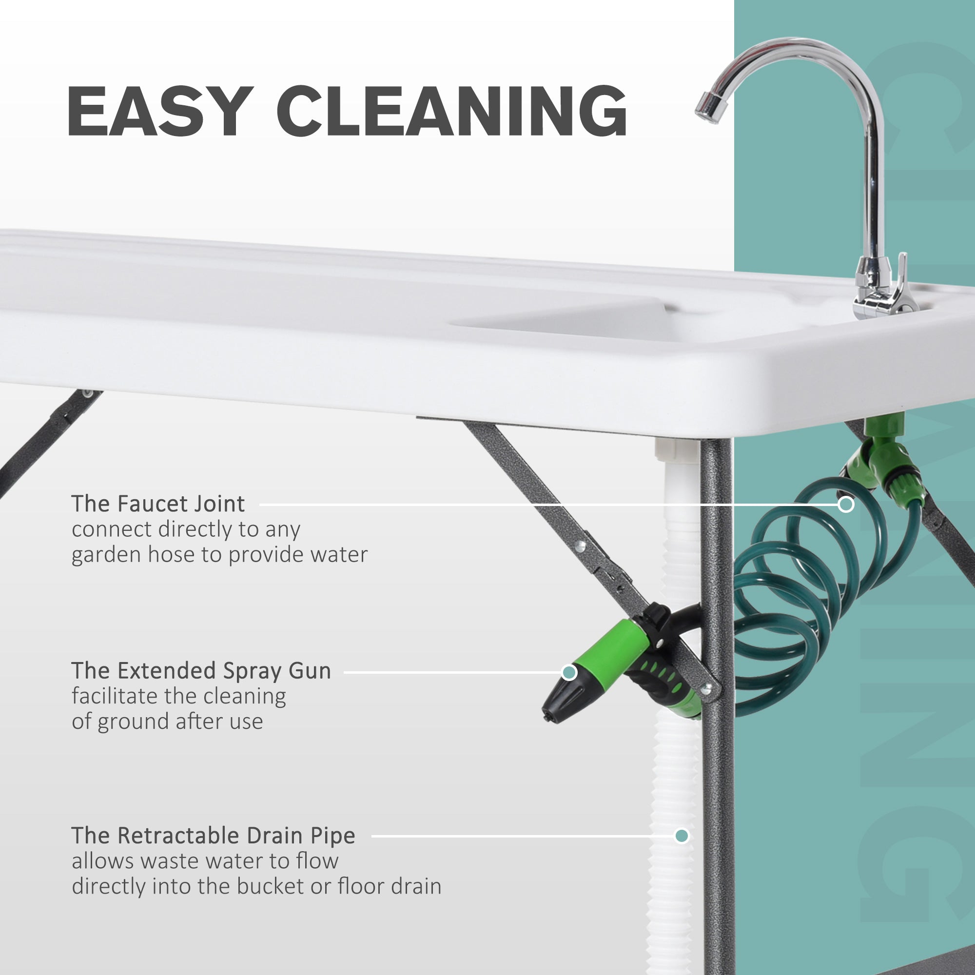 Outsunny Folding Fish Cleaning Table with Sink Faucet Spray Cleaner for BBQ Camping Picnic Garden 45"x23"x37"