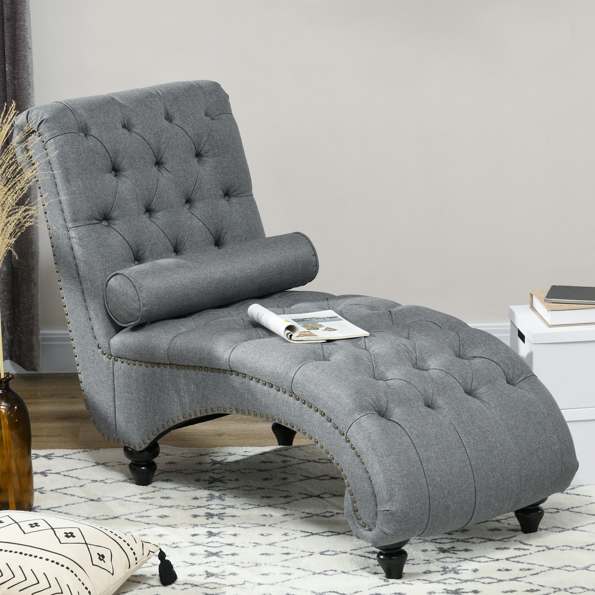 HOMCOM Button Tufted Chaise Lounge Chair Grey Indoor Upholstered with Bolster Pillow Wood Legs Nailhead Trim