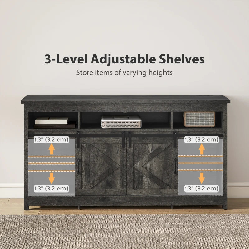TV Stand with Power Outlets, Sliding Barn Doors and Adjustable Shelves for 72 Inch TVs, Dark Grey