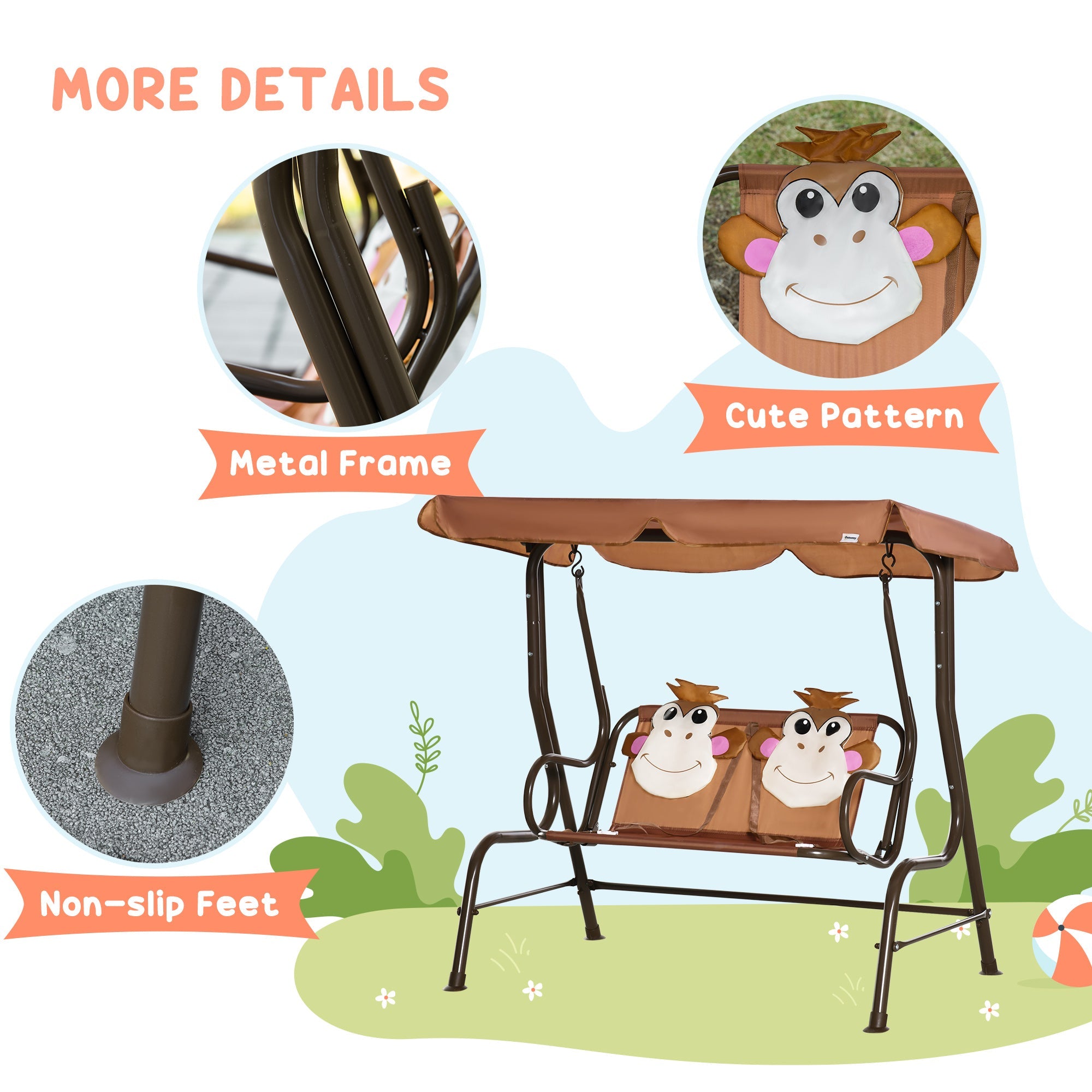 Outsunny 2-Seat Kid Swing with Adjustable Canopy Coffee Outdoor Patio Lounge Chair for Garden Porch