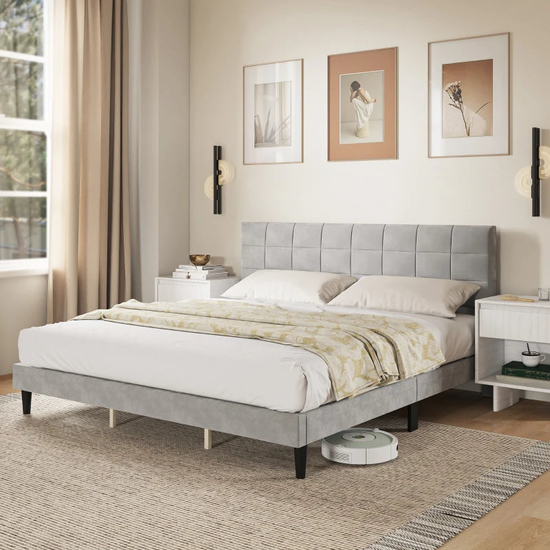 King Size Bed Frame with Upholstered Headboard, Modern Platform Bed Frame with Wood Slats, 1100 lbs Capacity, Grey