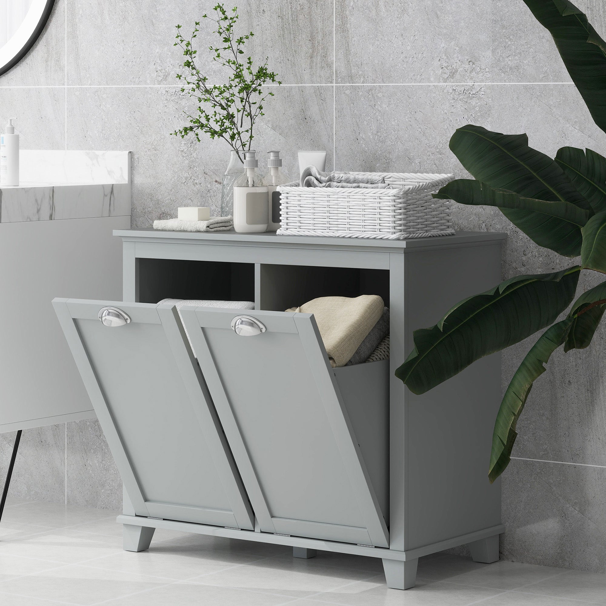 HOMCOM Bathroom Laundry Storage Cabinet: Tilt-out Hamper Organizer, Two-Compartment, Grey