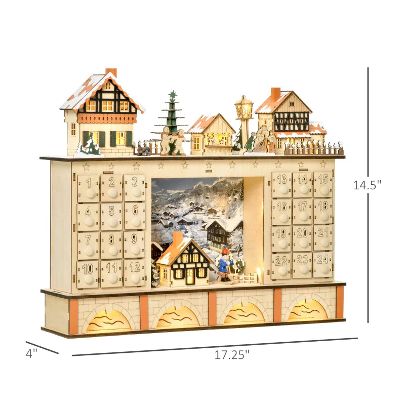 Christmas Advent Calendar, Light Up Table Xmas Wooden Store Holiday Decoration with Countdown Drawer, Village, for Kids and Adults, Natural
