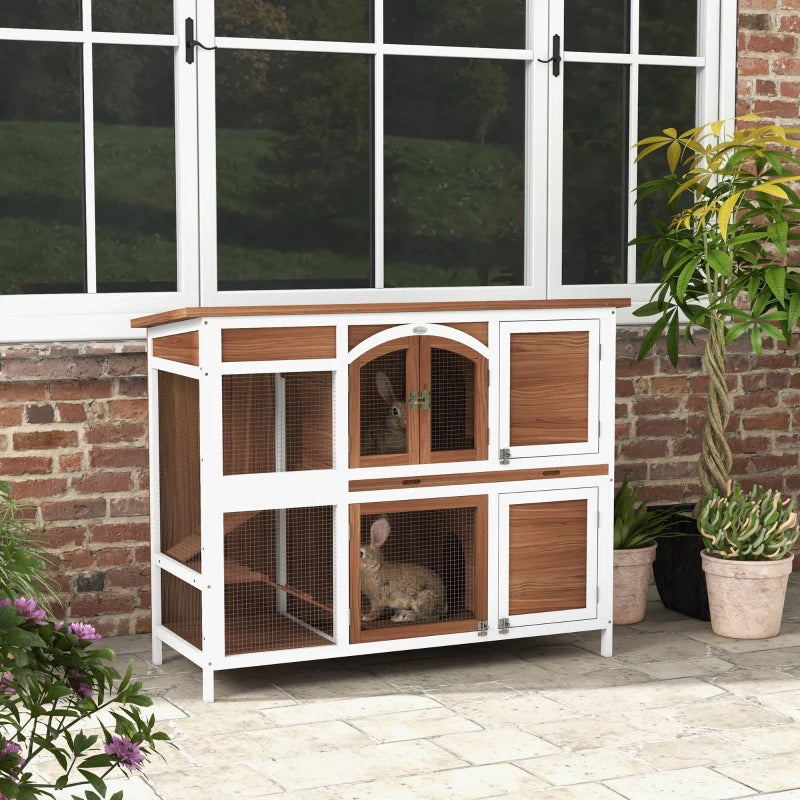 Two-Tier Wooden Rabbit Hutch with Openable Roof, Slide-Out Tray