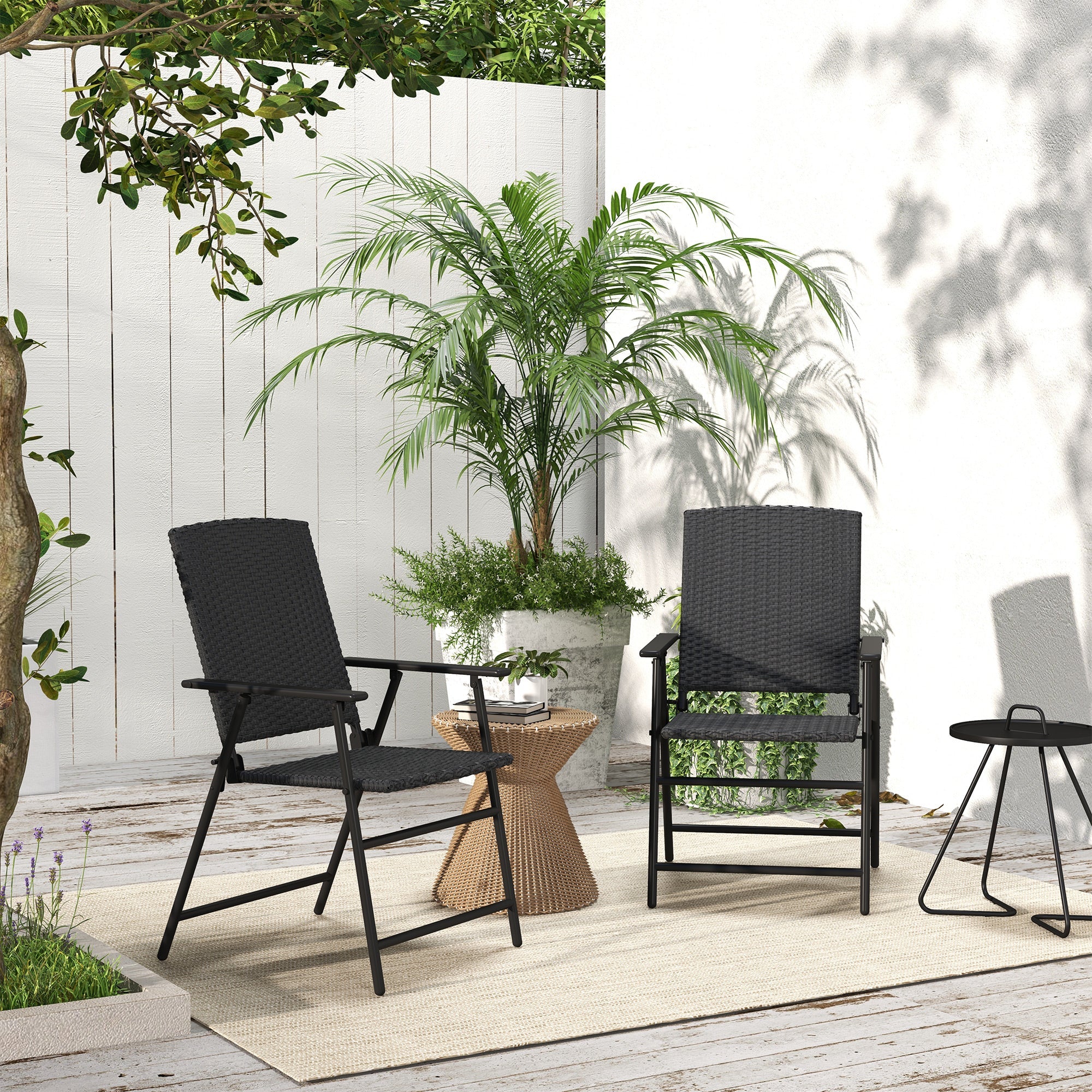 Outsunny 2PC Outdoor Wicker Dining Chairs Steel Frame Patio Furniture Black