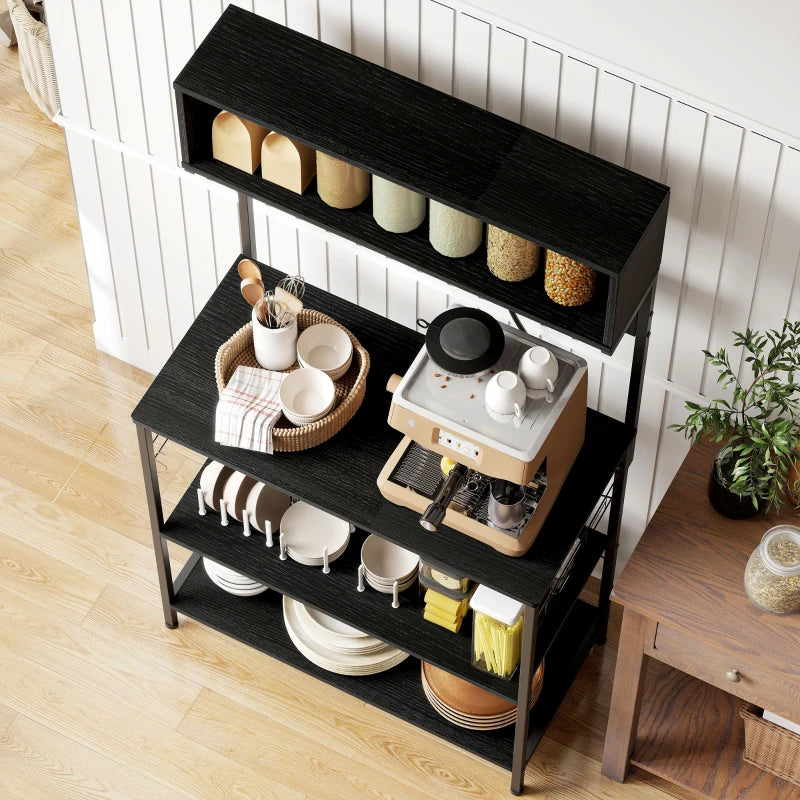 Baker's Rack with Charing Station, Microwave Shelf with Power Outlet, USB Charger and 5 Hooks, Black