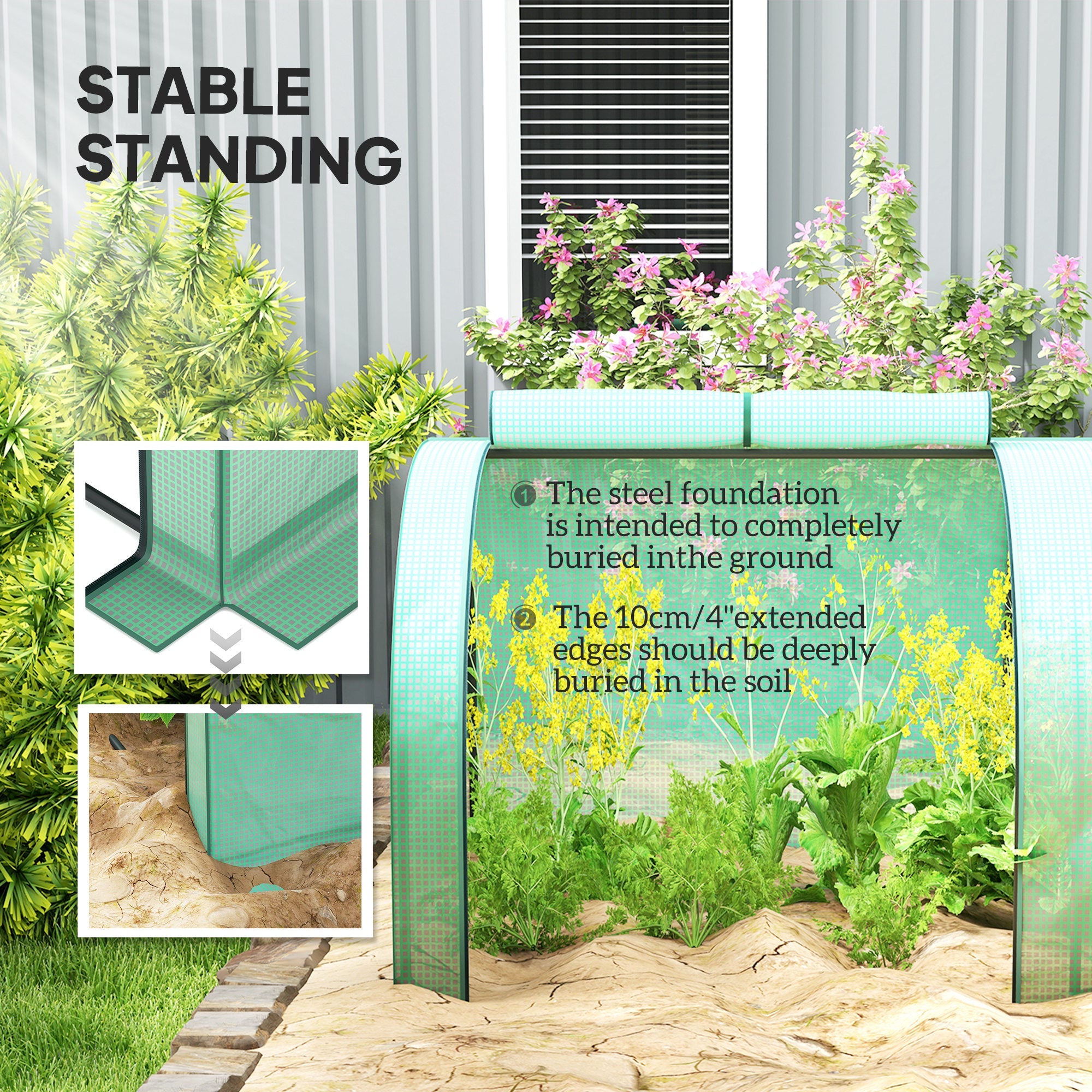 Outsunny 13' x 3.3' x 2.6' Mini Tunnel Greenhouse with PE Cover Garden Green Grow Shed with Steel Frame Zipped Doors, Green