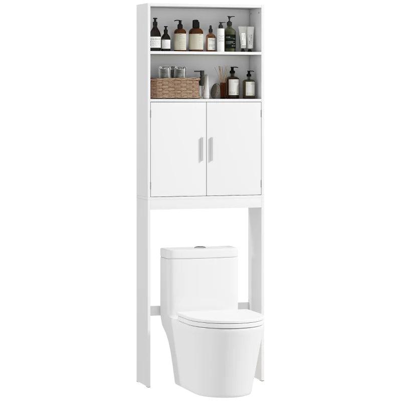 Over The Toilet Storage Cabinet, Freestanding 4-Tier Bathroom Organizer with Adjustable Shelf and 2 Doors, White