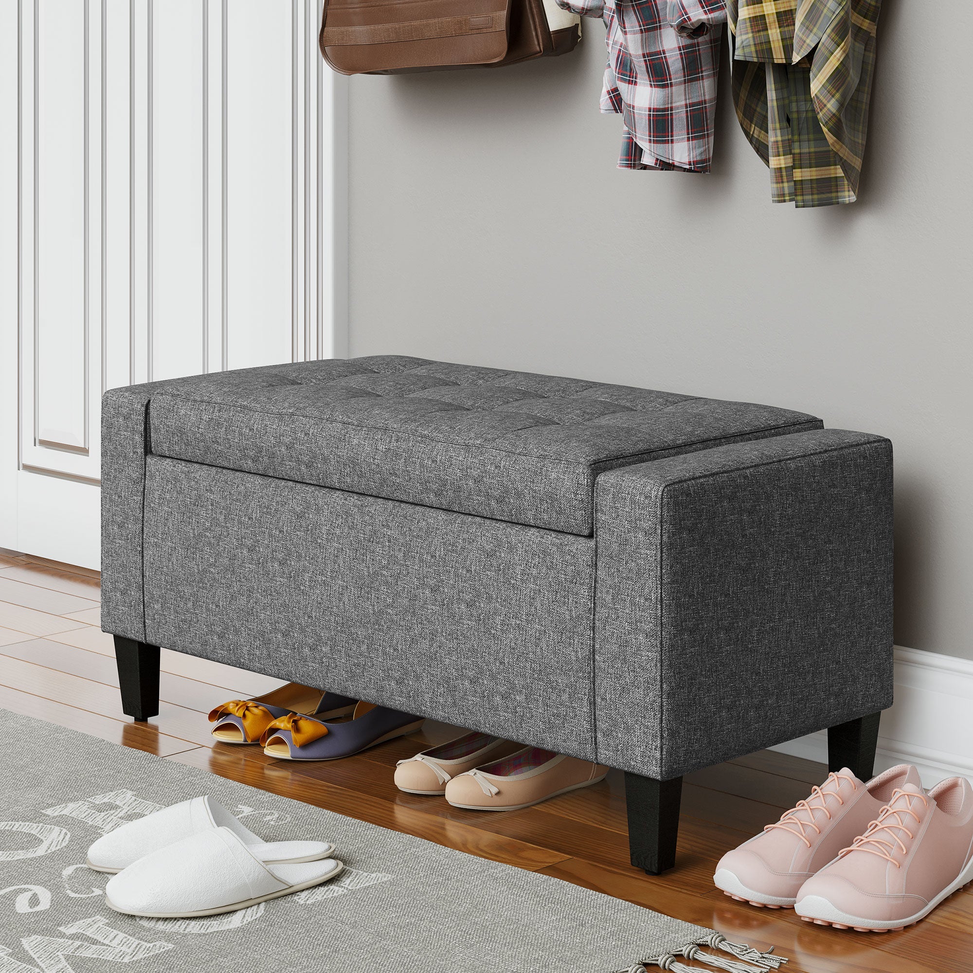 HOMCOM Linen-Touch Tufted Ottoman: Grey Fabric Bench with Flipping Top, Footstool for Living Room