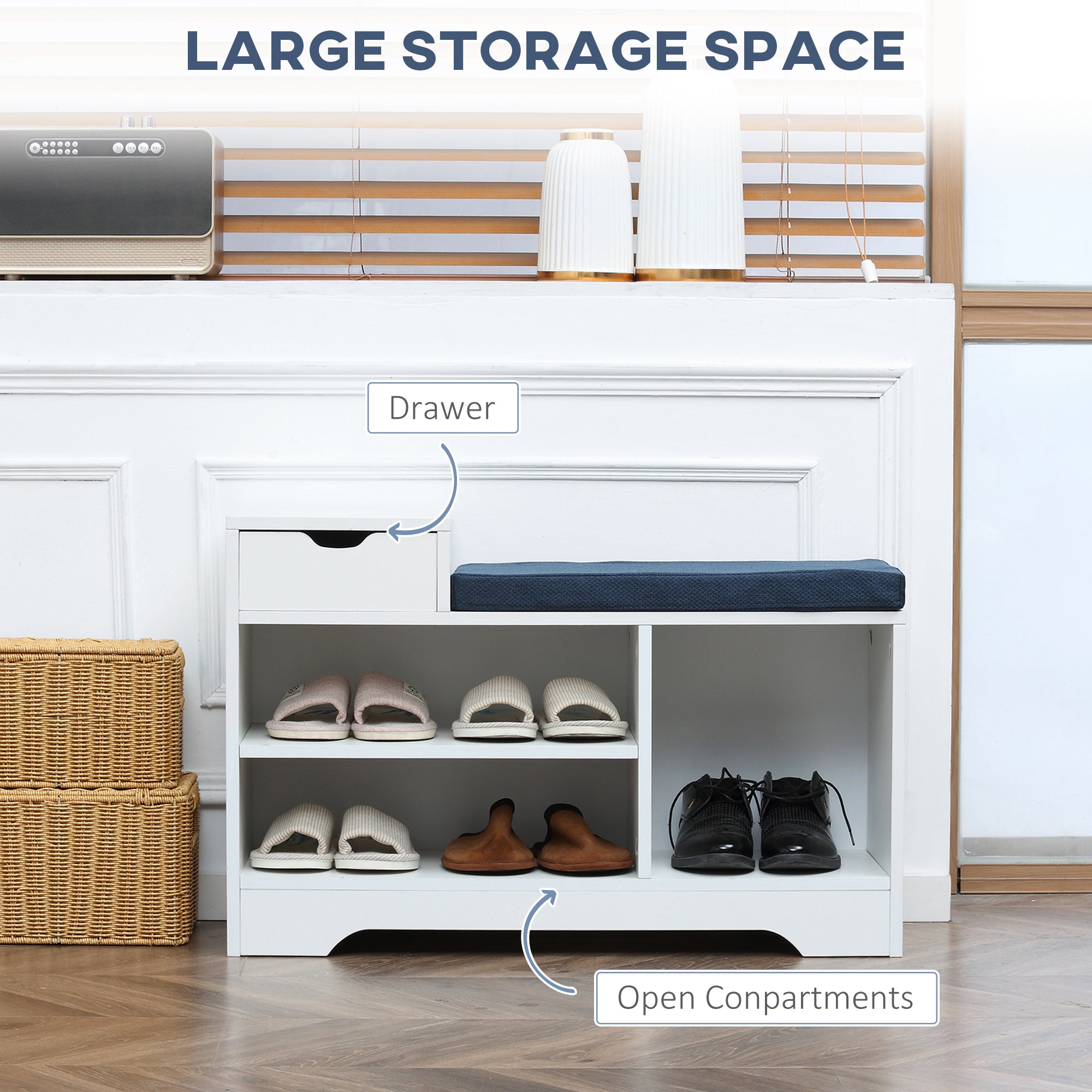 HOMCOM White Entryway Shoe Bench: Cushioned Seat with Storage Drawer & Open Shelving for Convenient Access
