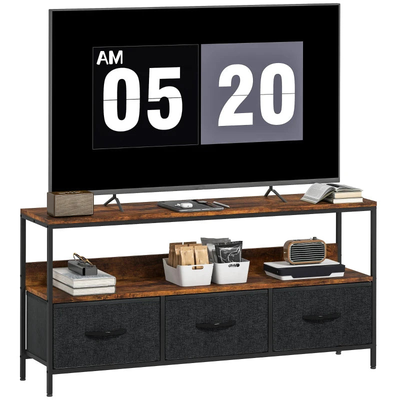 TV Stand with Charging Station, TV Table with 3 Foldable Linen Drawers and Open Shelf for 55 Inch Television, Rustic Brown