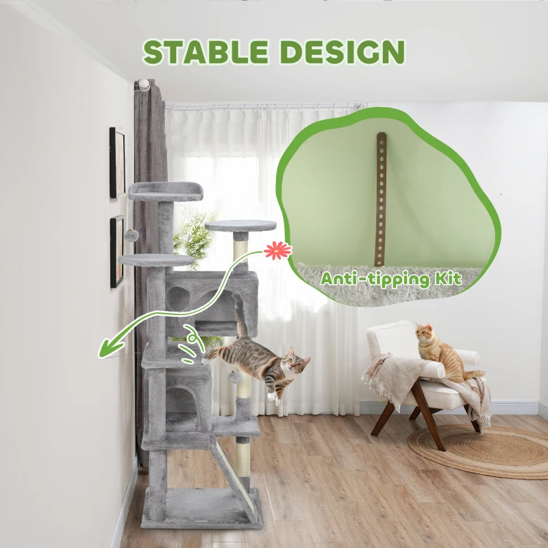 54" Cat Tree, Multi-Level Cat Tower with Scratching Posts, Cat Condos, Bed, Platforms, Ramp, Toy Ball, Light Grey