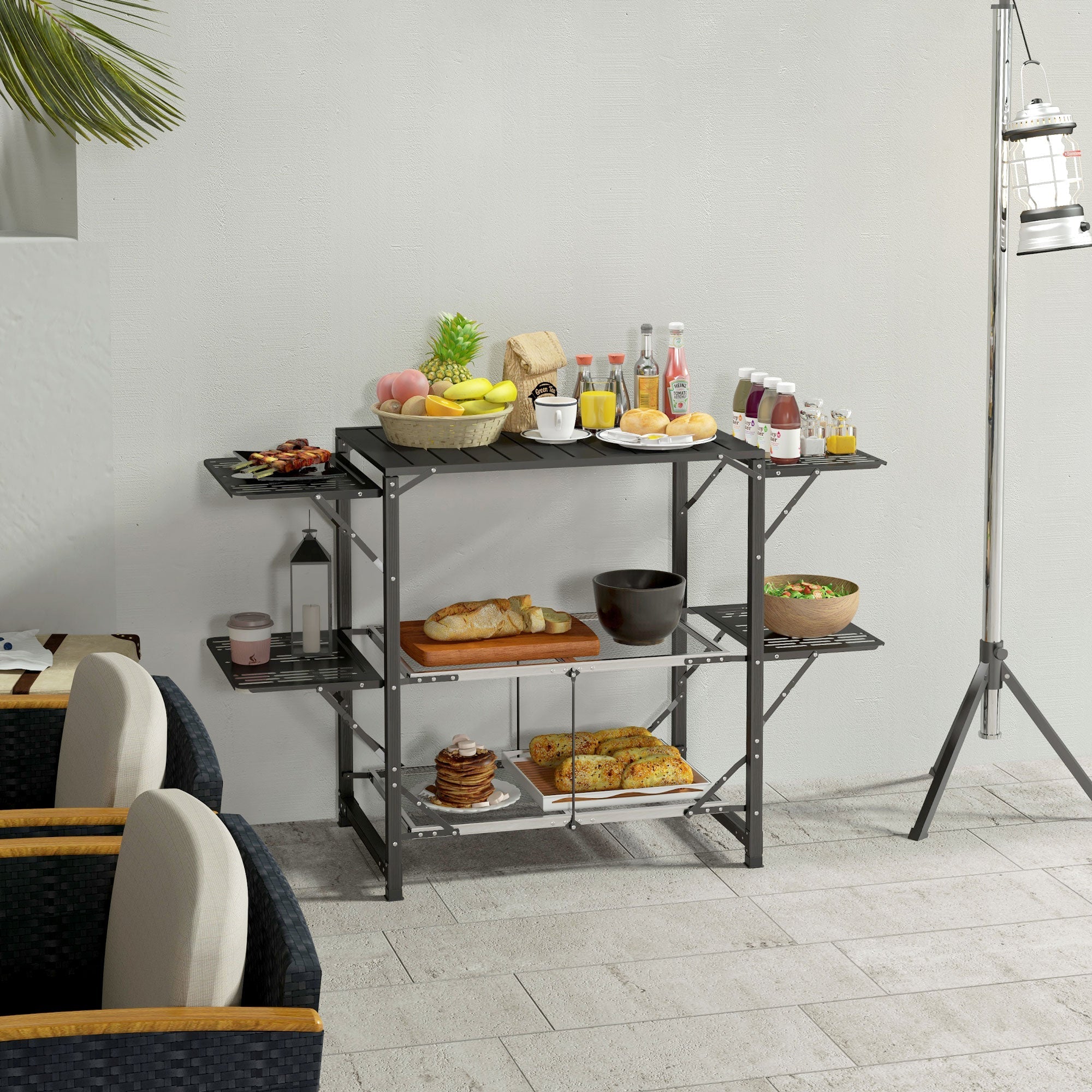 Outsunny Aluminum Folding Camping Kitchen Cook Station Carrying Bag 4 Side Tables 2 Shelves BBQ RV Picnic Black
